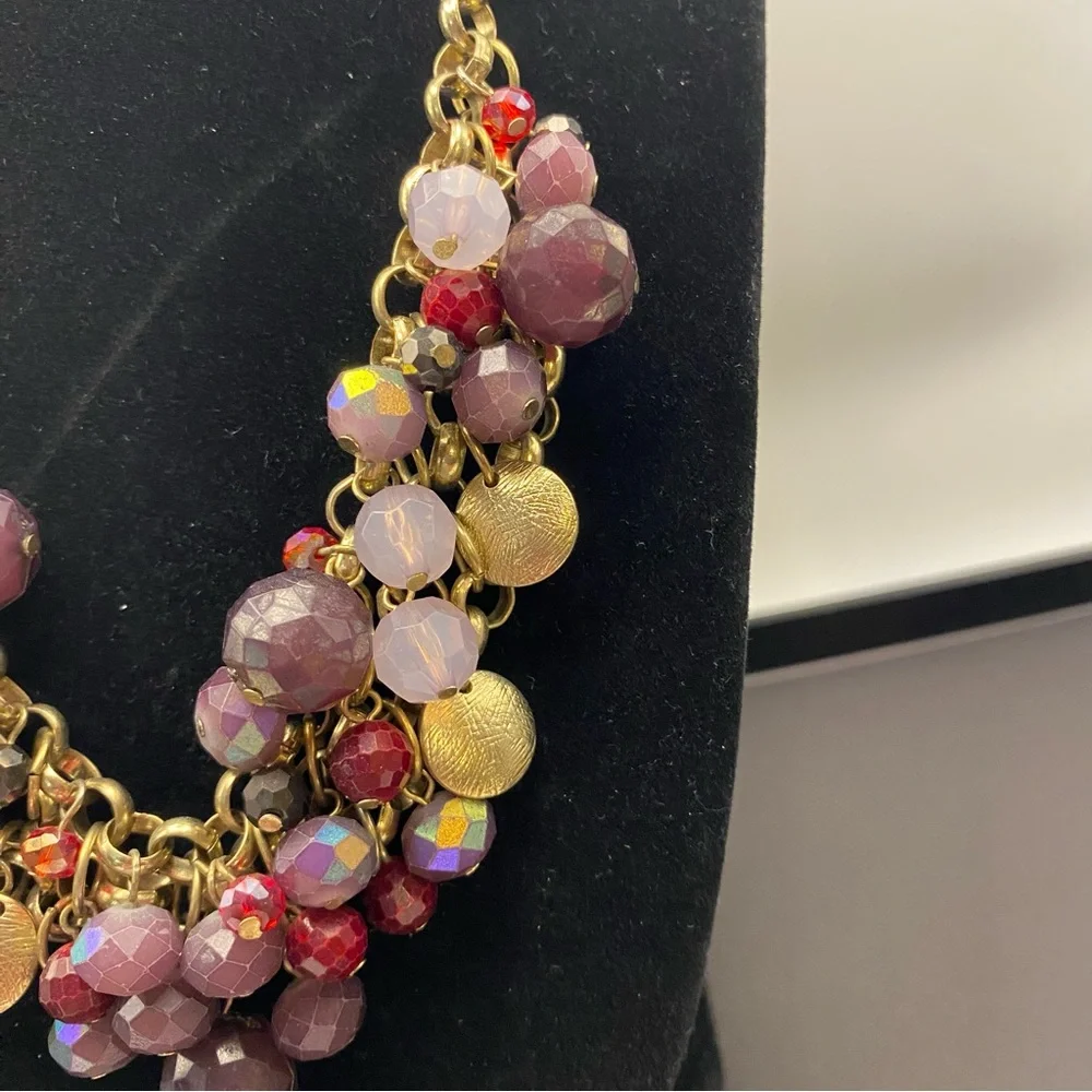 LOFT Gold Chain Statement Necklace with Purple and Pink Beads - Picture 3 of 10